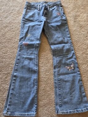 Old Navy Light Blue Flared Jeans with Pink Butterfly Embroidery